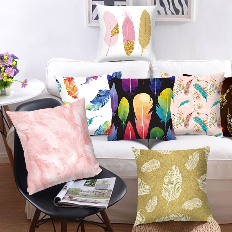 Feather Printing Pink Throw Pillow Cases Sofa Cushion Cover Bed Pillowcase Decoration Fashion Pillowcase Home Decor 45*45cm