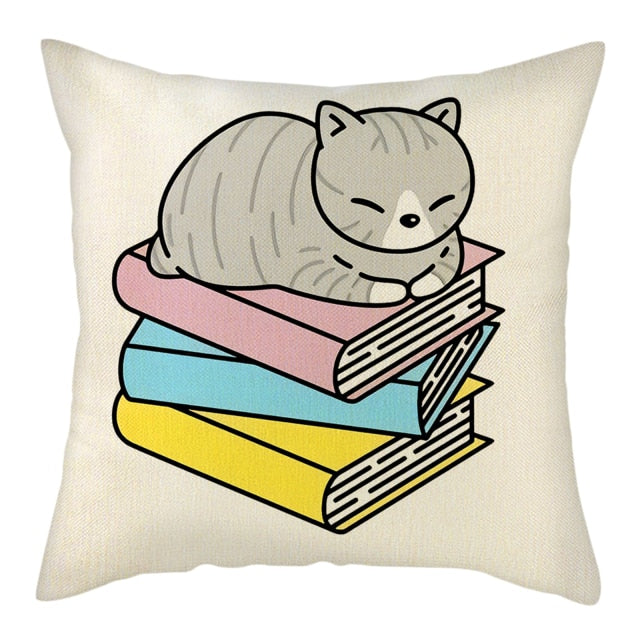 Naughty Cat Play Book Pillowcase Linen Square Cushion Cover Home Textile Decoration Warm