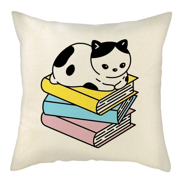 Naughty Cat Play Book Pillowcase Linen Square Cushion Cover Home Textile Decoration Warm