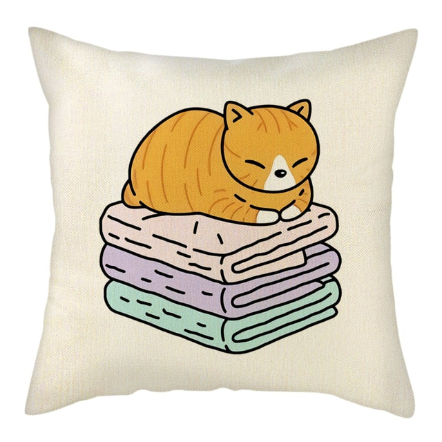 Naughty Cat Play Book Pillowcase Linen Square Cushion Cover Home Textile Decoration Warm