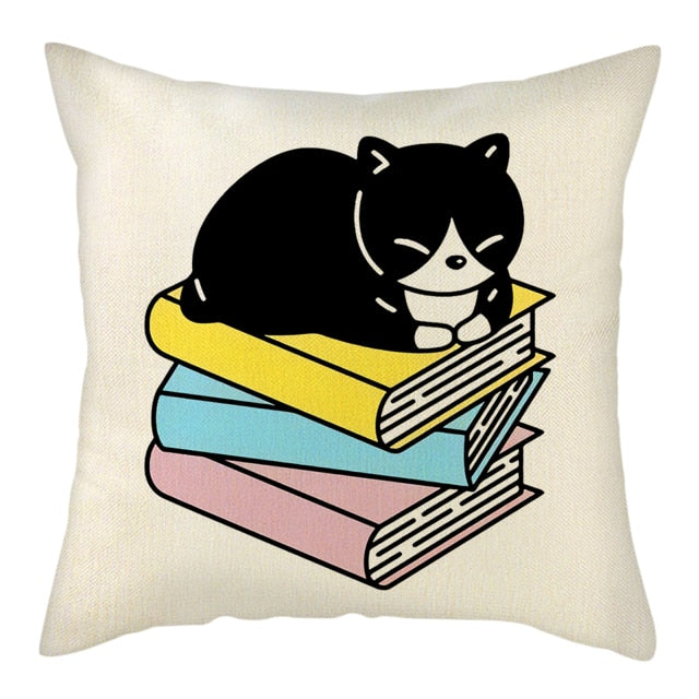 Naughty Cat Play Book Pillowcase Linen Square Cushion Cover Home Textile Decoration Warm